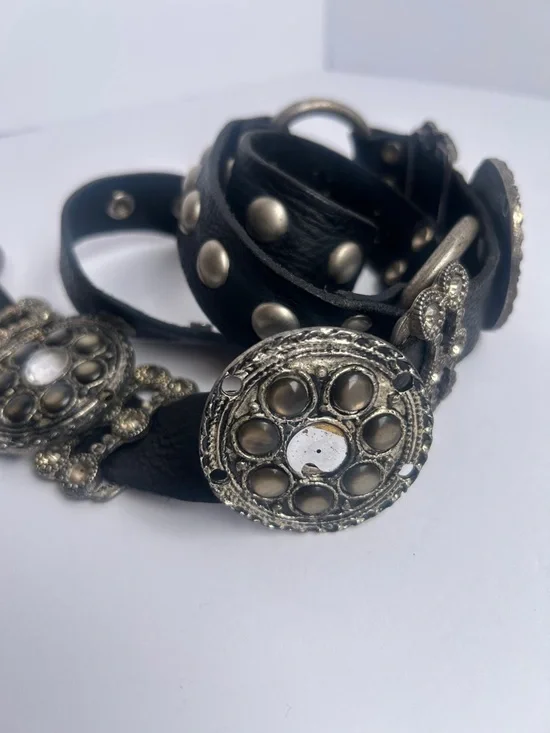 Black Studded Leather Belt with Ornate Silver Medallions - Picture 2 of 4